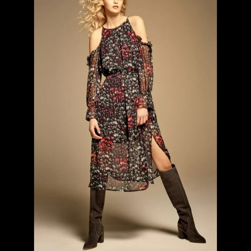 1.State Rich Black Metallic Cold Shoulder Dress